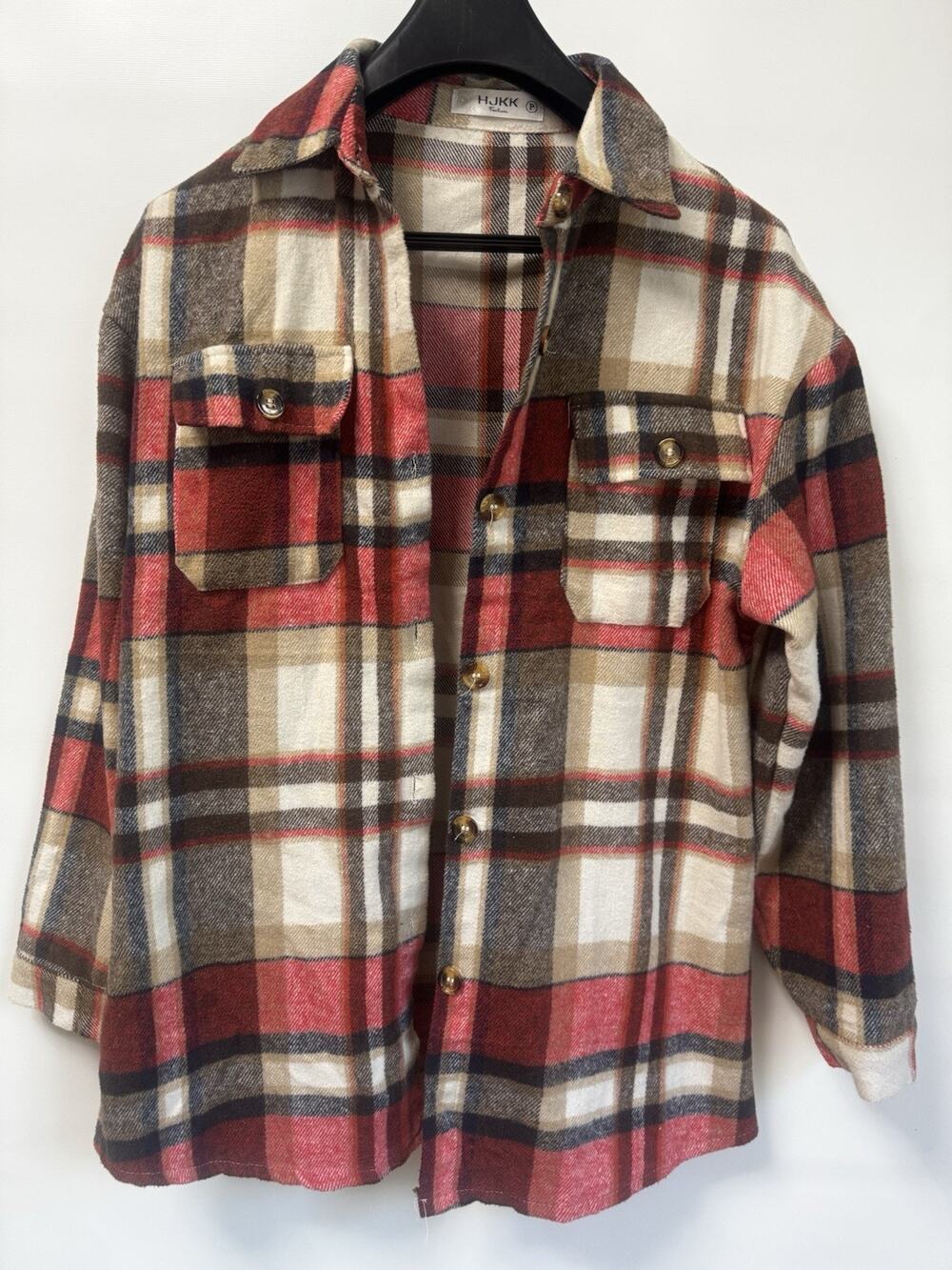 HJKK Plaid Shacket Jacket Women Size P Red Beige Button Front Overshirt